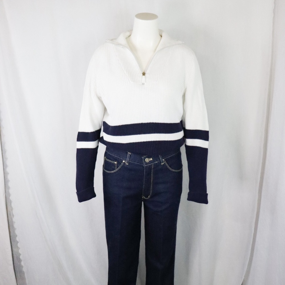 Lauren Ralph Lauren White and Navy V-Neck Sweater